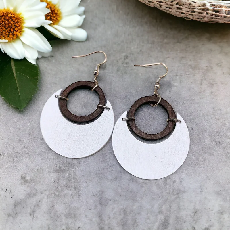 Ladies earrings group designs-Beautiful Round Black and White Wooden Earrings