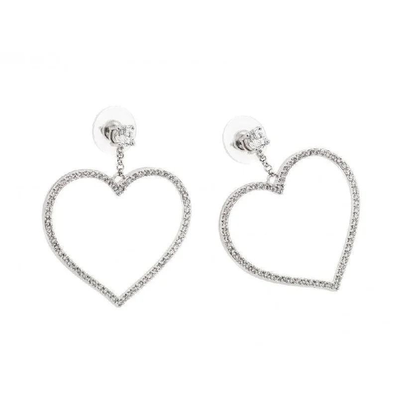 Ladies earrings stud trends-Clearance-Silver 925 Rhodium Plated Heart CZ Dangling Earrings - STE00511