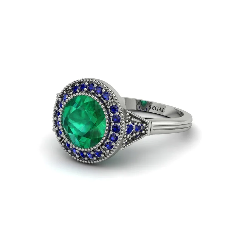 Ladies engagement rings European flair-Round Cut Emerald Milgrain Halo Engagement Ring - Maggie No. 66