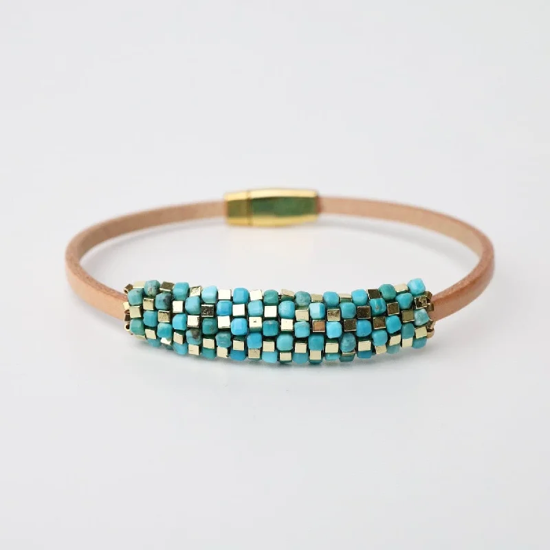 Ladies bracelets girlfriend gifts-Tiny Turquoise & Gold Plated Hematite Leather Bracelet