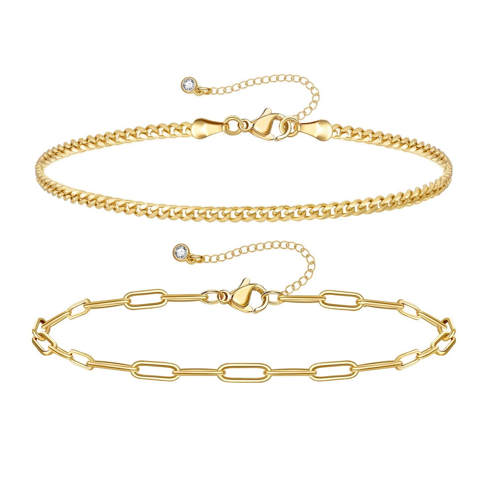 Ladies bracelets size guide-Dainty 14k Gold Plated Layering Anklets Bracelets Set-Paperclip & 3mm Cuban