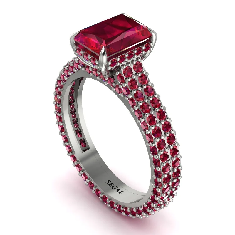 Ladies engagement rings solitaire stones-Radiant Cut Ruby Pave Engagement Ring - Kenzie No. 57