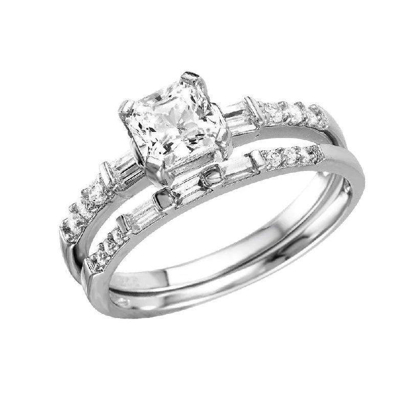 Ladies rings thumb styles-Silver 925 Rhodium Plated Square Center Baguette CZ Stones Ring - GMR00086