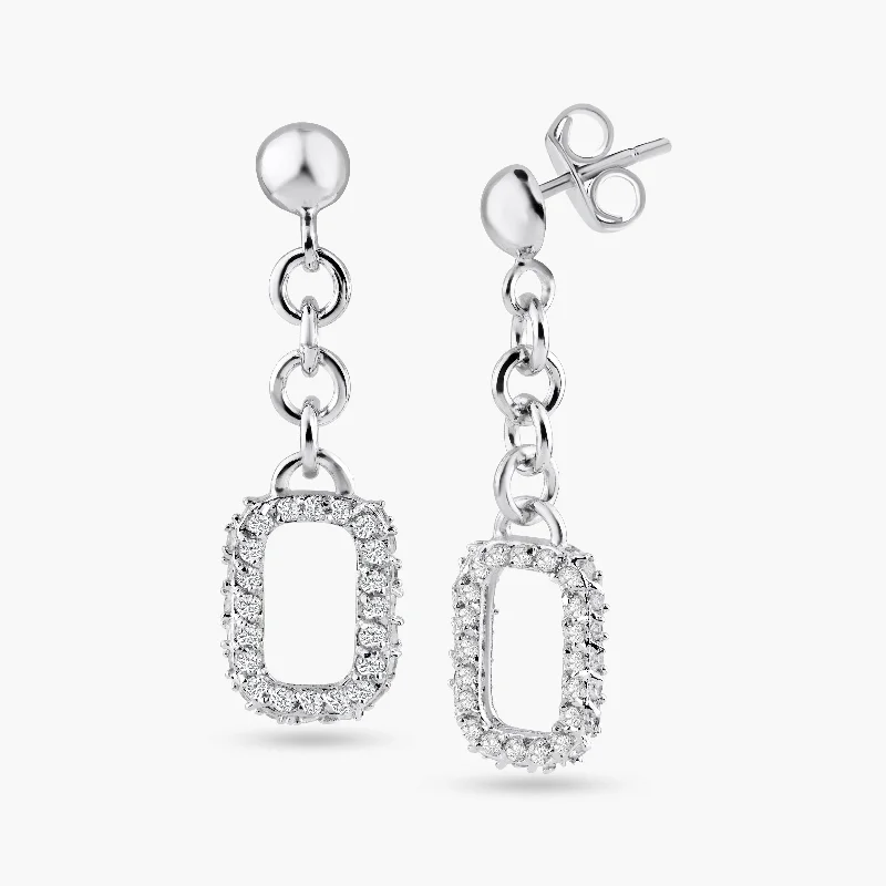 Ladies earrings sale offers-Silver 925 Rhodium Plated Open Rectangle Clear CZ Dangling Wire Earrings - BGE00053