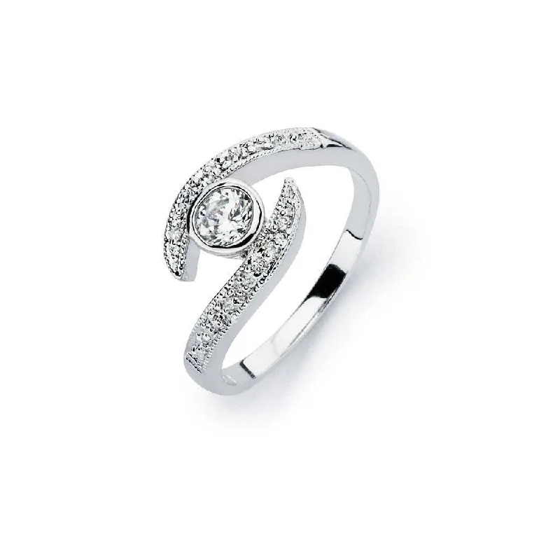 Ladies rings diamond accents-Silver 925 Rhodium Plated Clear Round Cut Center CZ Bridal Ring - BGR00564