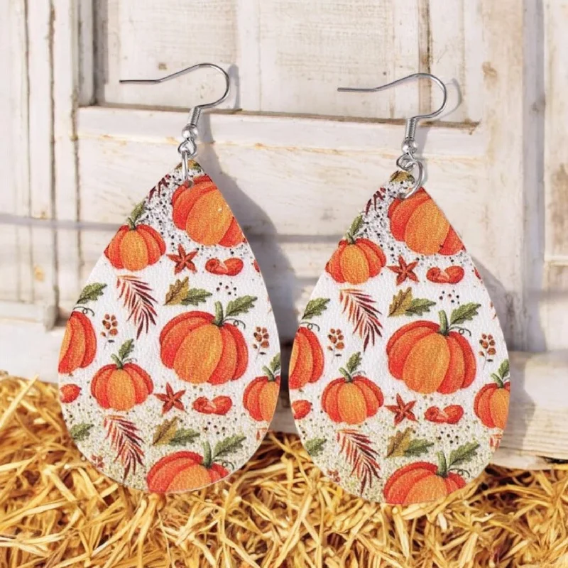 Ladies earrings gift options-Beautiful Leather Pumpkin Teardrop Earrings