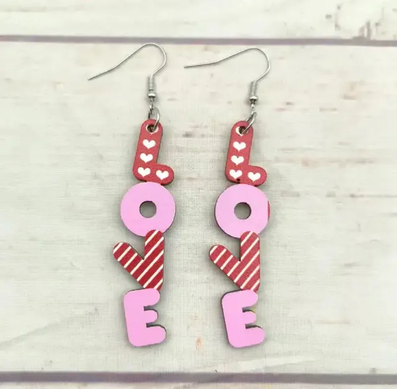 Ladies earrings collectible items-Wooden Pink and Red L-O-V-E Drop Earrings