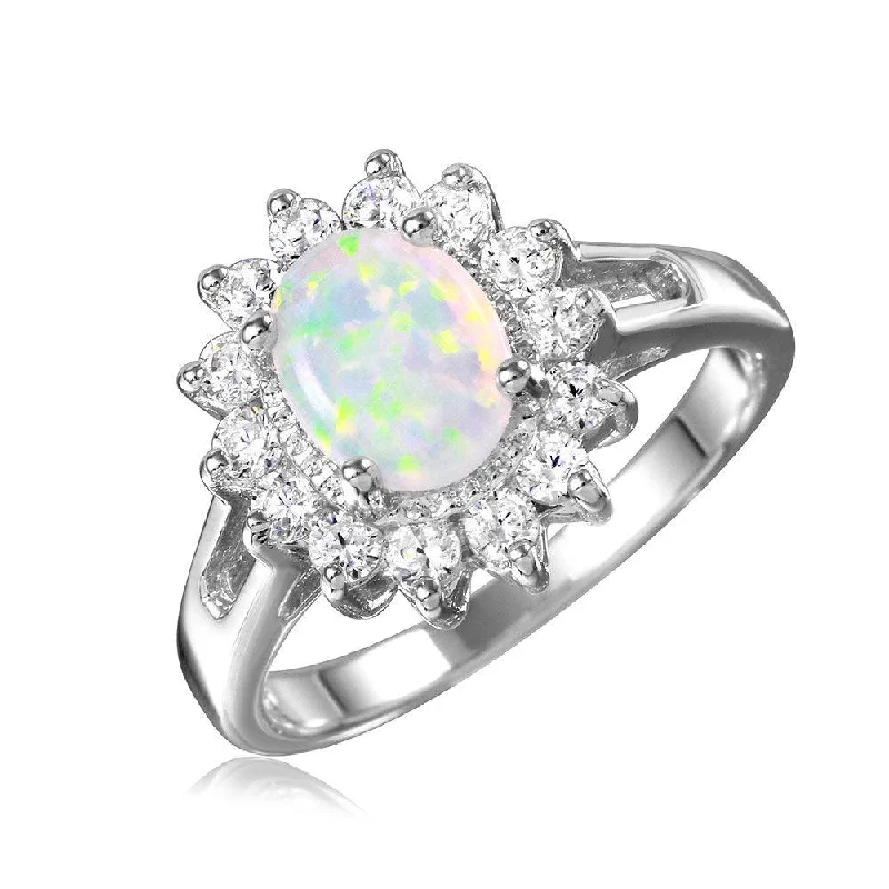 Ladies rings pearl details-Silver 925 Rhodium Plated Oval Halo Ring with Synthetic Opal Center Stone - BGR01027