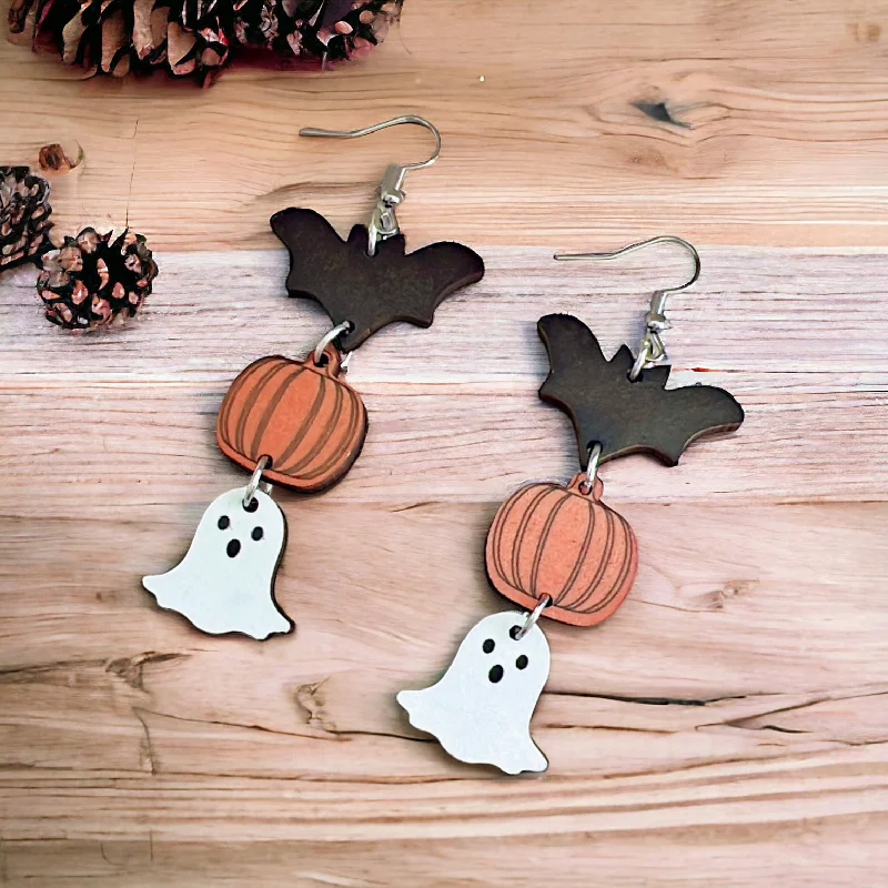 Ladies earrings daily wear-Wooden Halloween Drop Earrings