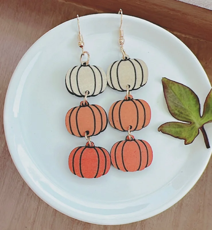 Ladies earrings vintage vibes-Wooden Pumpkin Drop Earrings