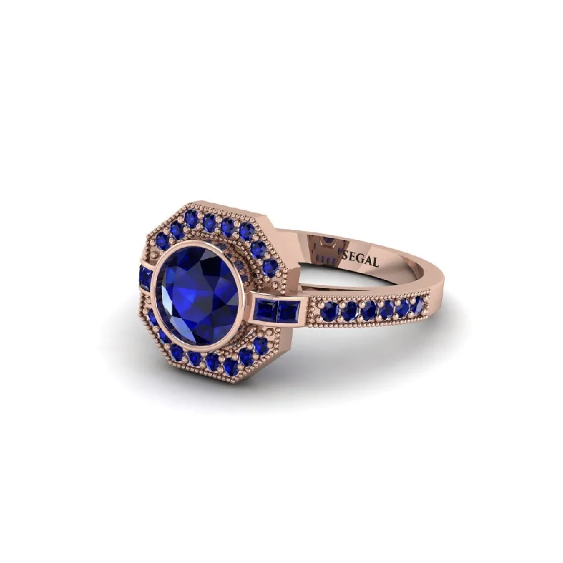 Ladies engagement rings twisted styles-Sapphire Octagon Halo Engagement Ring - Leia No. 74