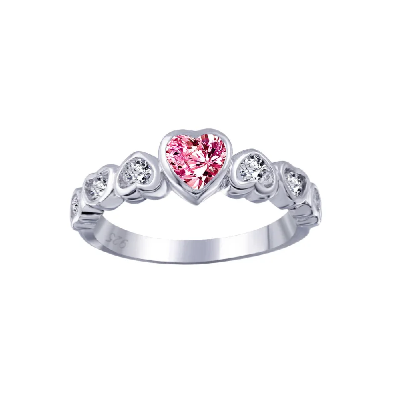 Ladies rings middle finger-Silver 925 Rhodium Plated Red Center CZ Heart Ring - BGR00014RED