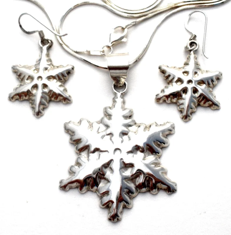 Ladies rings boho charm-Sterling Silver Snowflake Necklace Set