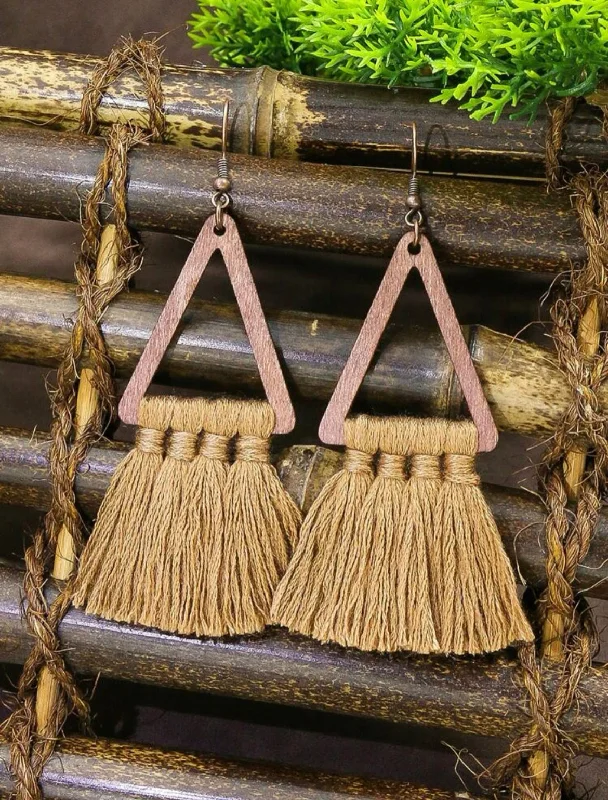 Ladies earrings worldwide styles-Wooden Triangle Tassel Earrings