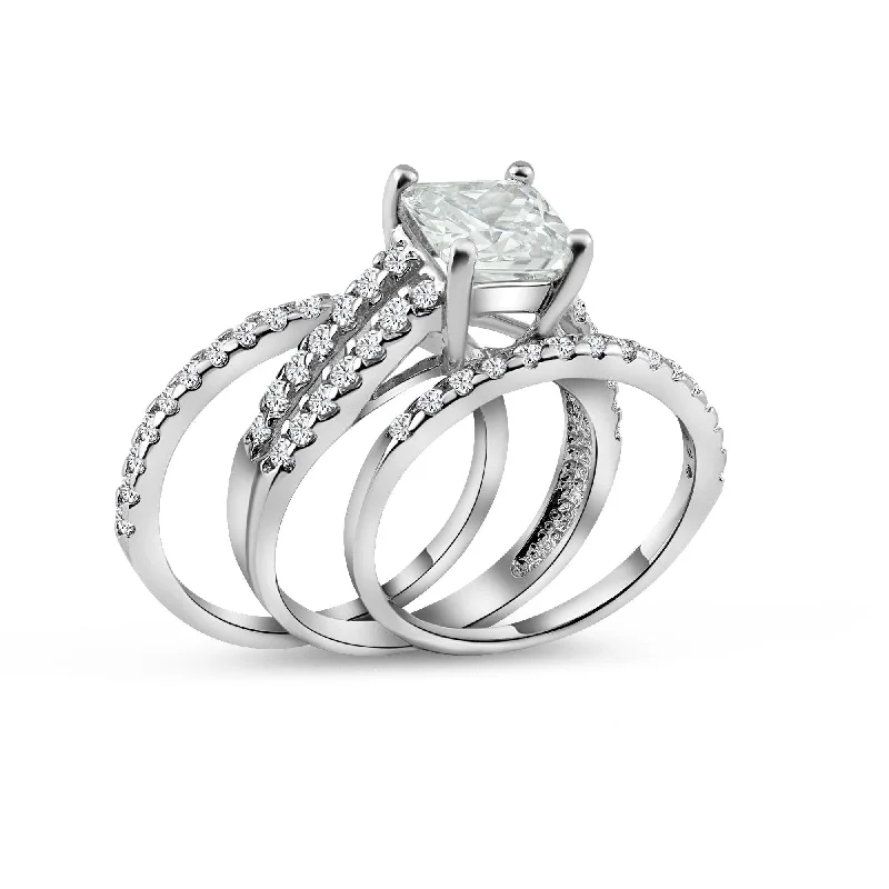 Ladies rings care tips-Rhodium Plated 925 Sterling Silver Clear Princess Cut Pave Set CZ Bridal Ring Set - BGR00081