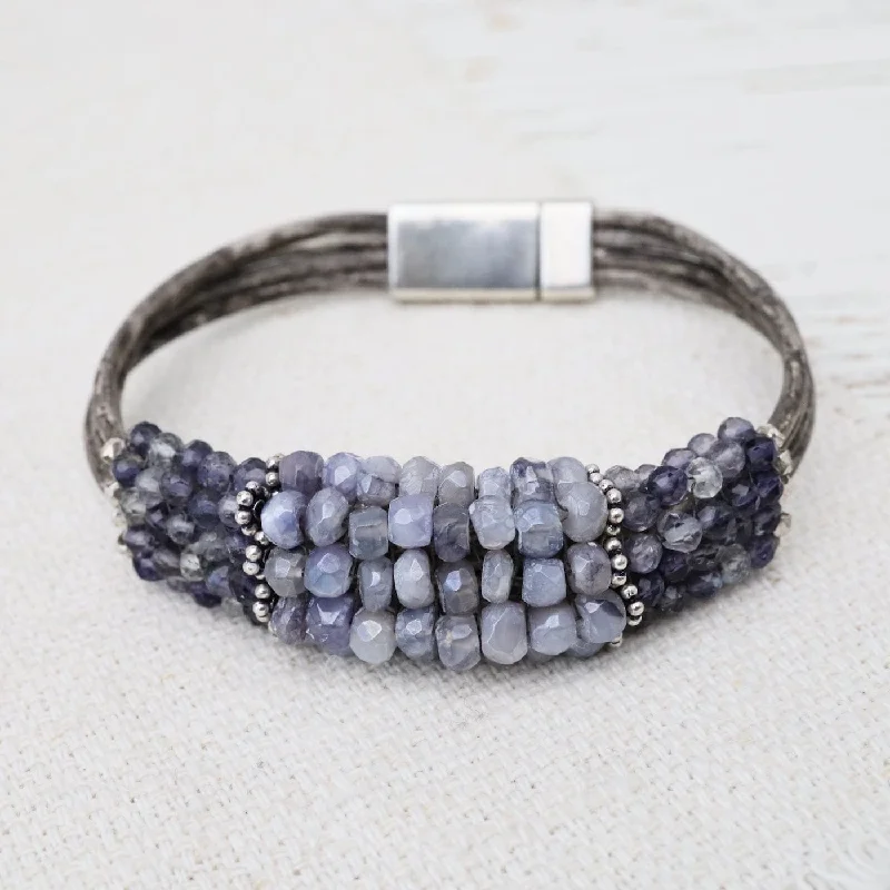 Ladies bracelets personalized-Hand Stitched Banded Iolite with Silver Trim on Multi Strand Leather Bracelet