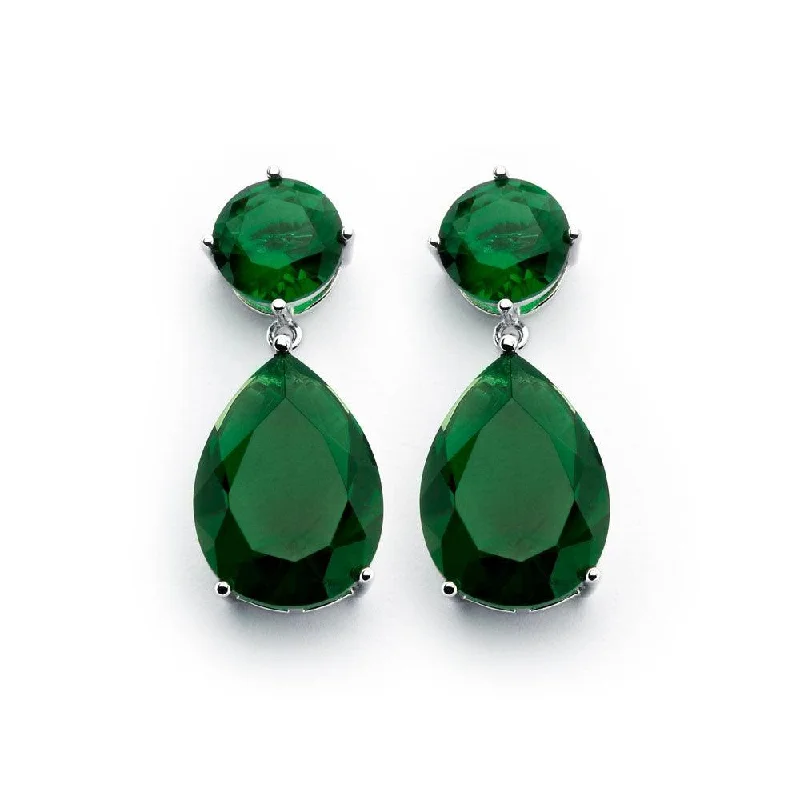 Ladies earrings affordable picks-Silver 925 Rhodium Plated Round Teardrop Green CZ Dangling Earrings - BGE00858GRN