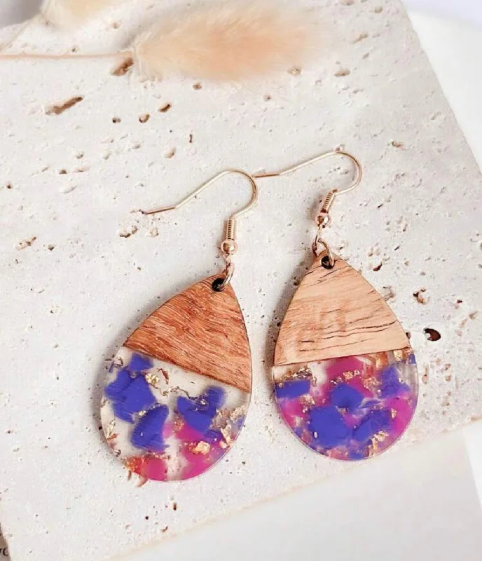 Ladies earrings matching pairs-Purple and Pink Wooden Teardrop Earrings