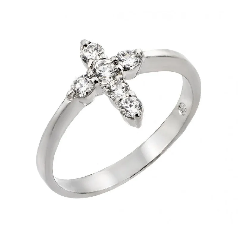 Ladies rings e-commerce finds-Silver 925 Rhodium Plated Clear CZ Mini Cross Ring - BGR00768