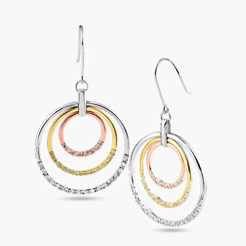 Ladies earrings chandelier looks-Silver 925 Gold and Silver Rhodium Plated Multiple Open Circle Clear CZ Dangling Hook Earrings - BGE00051