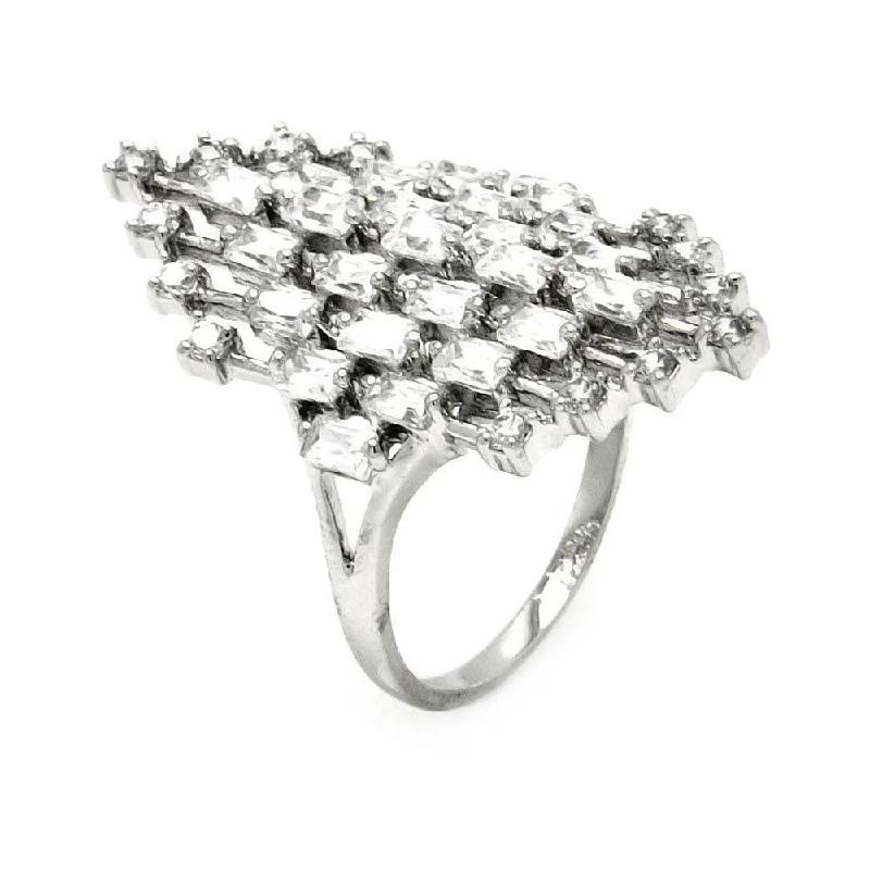 Ladies rings age suitability-Silver 925 Rhodium Plated Clear Baguette and Round CZ Diamond Shaped Ring - BGR00441