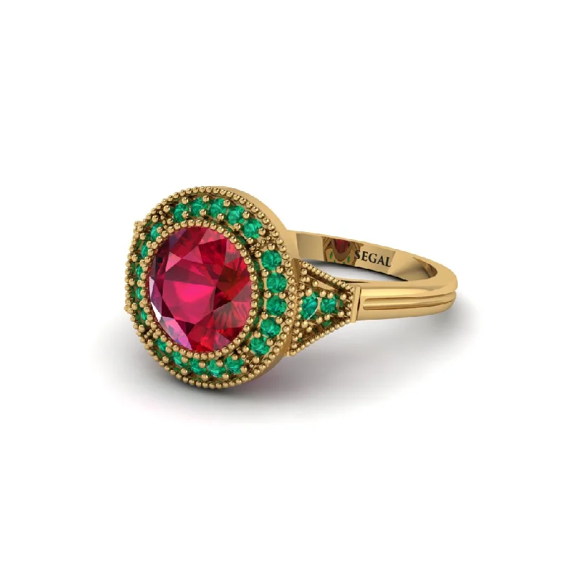 Ladies engagement rings ethical sourcing-Round Cut Ruby Milgrain Halo Engagement Ring - Maggie No. 25