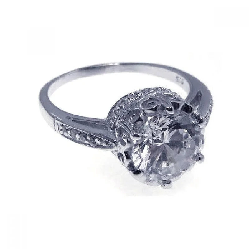 Ladies rings heart shapes-Silver 925 Rhodium Plated CZ Round Antique Ring - STR00523