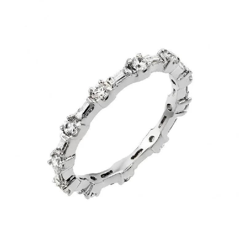 Ladies rings designer labels-Silver 925 Rhodium Plated Clear CZ Stackable Eternity Ring - BGR00762