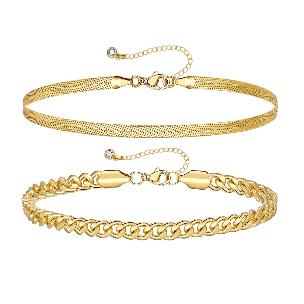 Ladies bracelets casual designs-Dainty 14k Gold Plated Layering Anklets Bracelets Set-Cuban & Snake