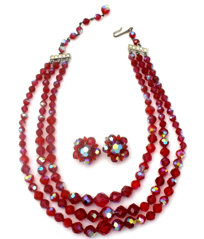 Ladies rings handmade designs-Laguna Red Glass Bead Necklace Set Vintage