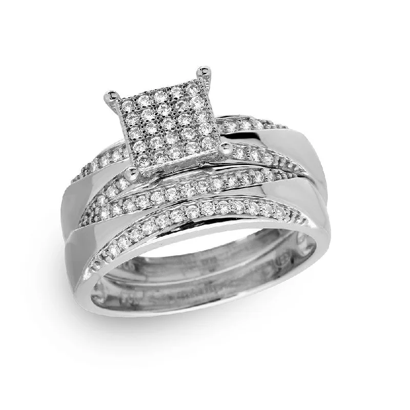 Ladies rings collectible pieces-Silver 925 Rhodium Plated Square Pave Center Trio Bridal Ring - GMR00160