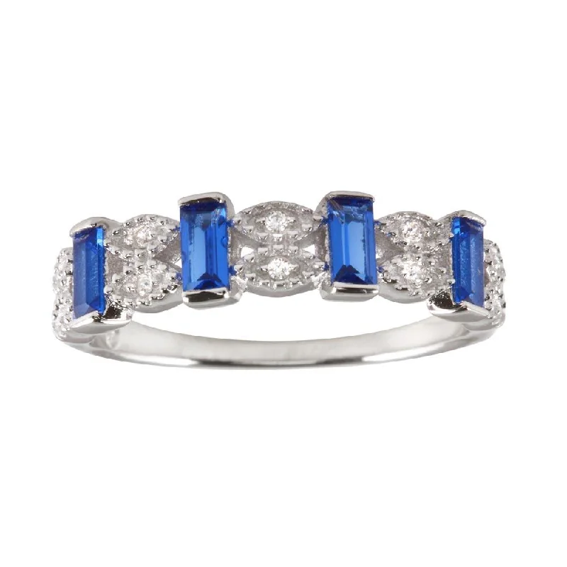 Ladies rings elegant looks-Rhodium Plated 925 Sterling Silver Blue Bar CZ Link Ring  - BGR01223BLU