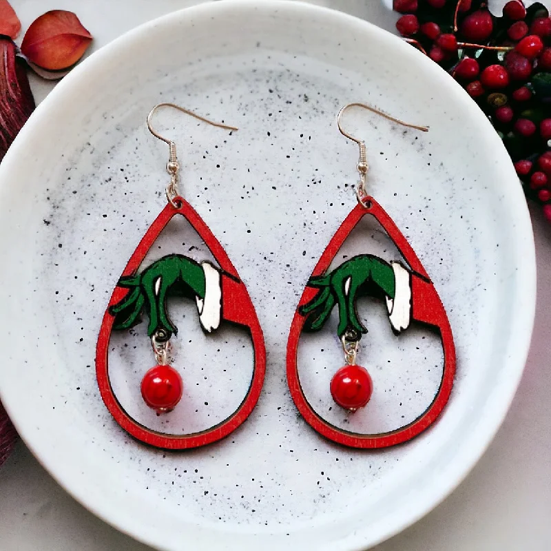 Ladies earrings Mother’s Day-Wooden Green and Red Christmas Drop Earrings