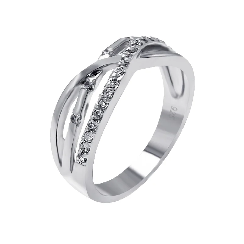 Ladies rings holiday gifts-Silver 925 Rhodium Plated Clear CZ 3 Row Overlap Ring - BGR00510