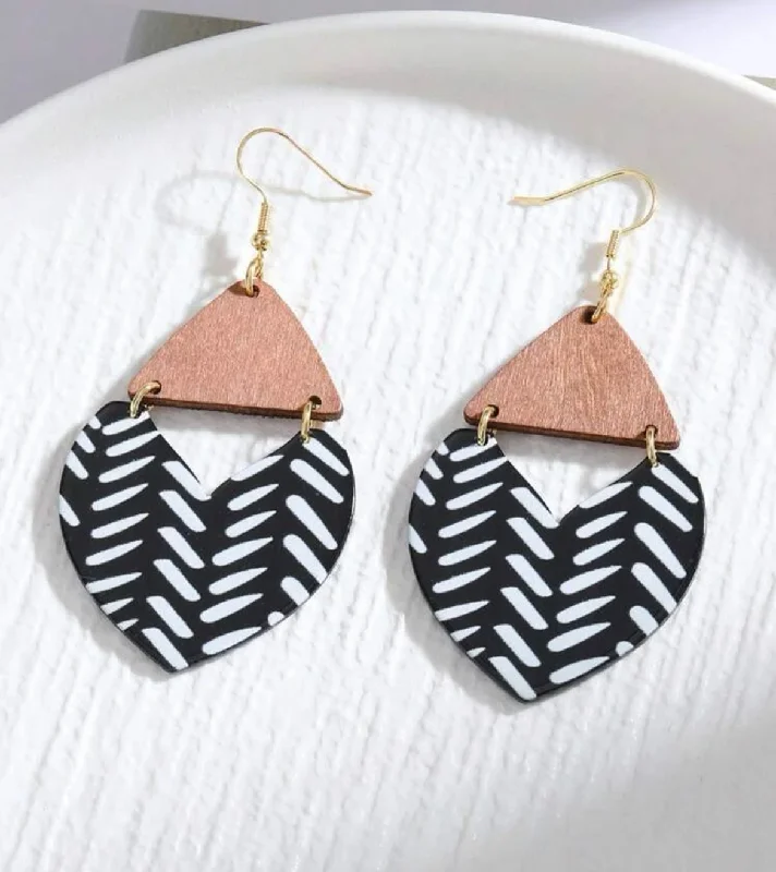 Ladies earrings personalized-Black and White Wooden Triangle Earrings