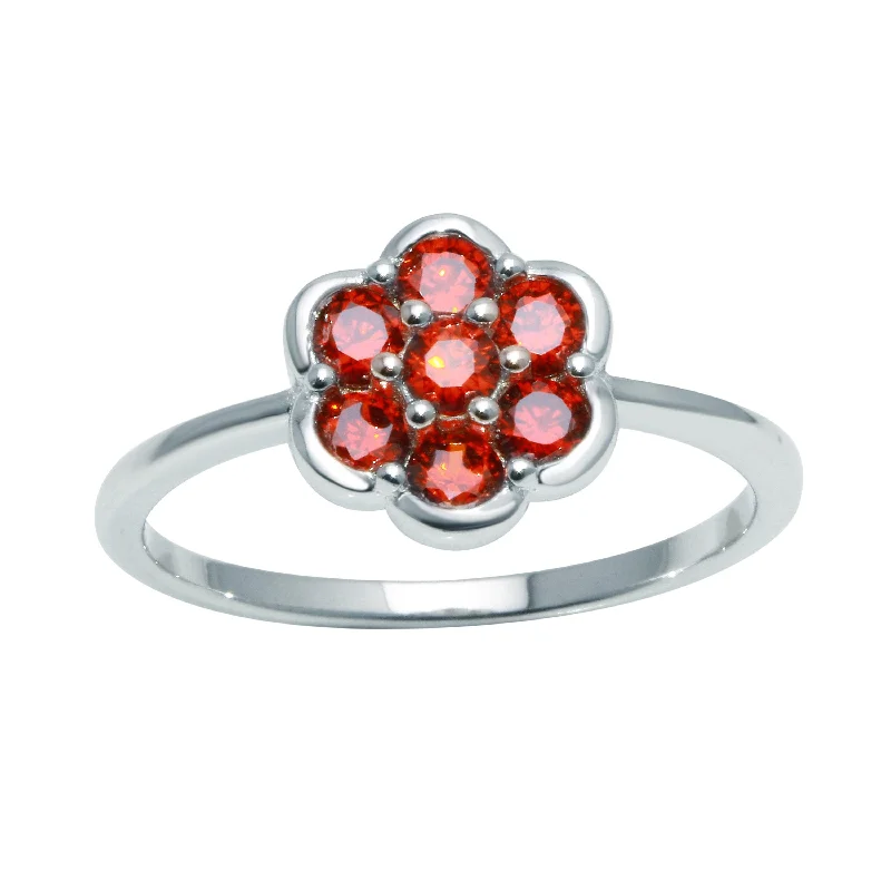 Ladies rings Valentine’s Day-Rhodium Plated 925 Sterling Silver Flower Ring with Red CZ - BGR01152RED