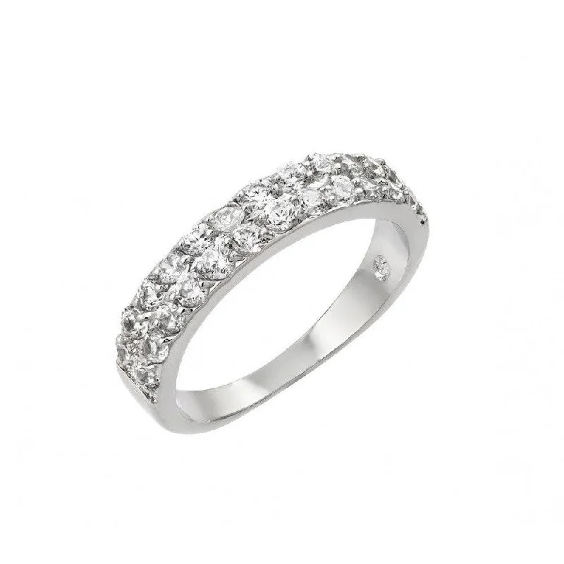 Ladies rings one-of-a-kind-Silver 925 Rhodium Plated Clear Inlay CZ 2 Row Half Ring - BGR00902