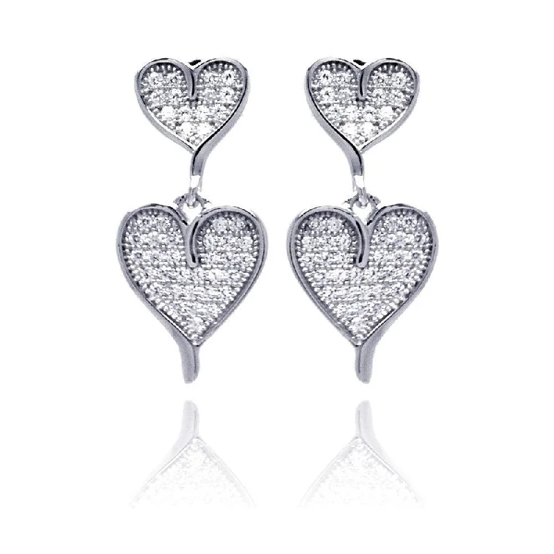 Ladies earrings designer brands-Silver 925 Rhodium Plated Micro Pave Clear Graduated Heart CZ Dangling Earrings - ACE00052