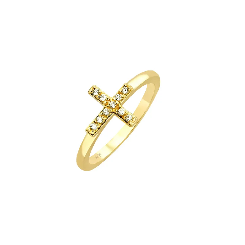 Ladies rings price range-Silver 925 Gold Plated Clear CZ Mini Cross Ring - BGR00614GP