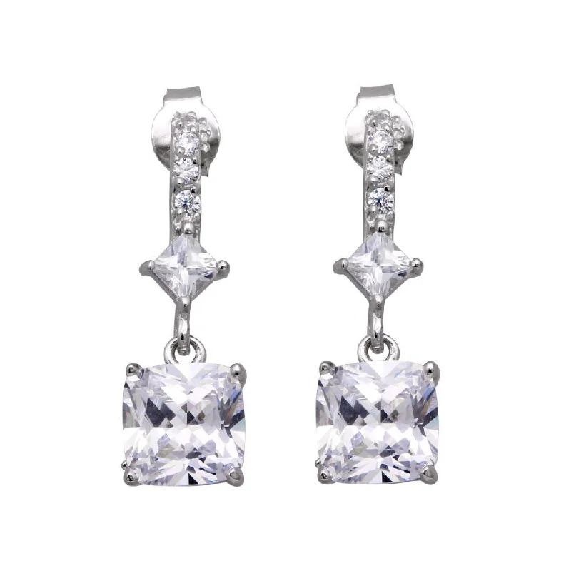 Ladies earrings standout pieces-Silver 925 Rhodium Plated Square CZ Dangling Post Earrings - STE00448