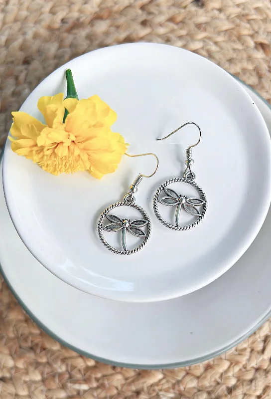 Ladies earrings matching pairs-Dainty Round Dragonfly Earrings