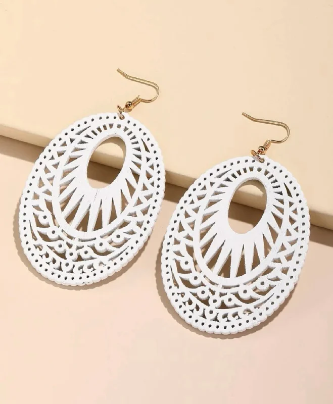 Ladies earrings youthful charm-White Hollow Oval Drop Earrings