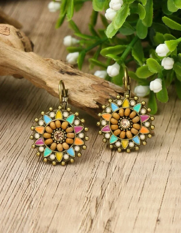 Ladies earrings store finds-Round Multicolored Floral Huggie Earrings