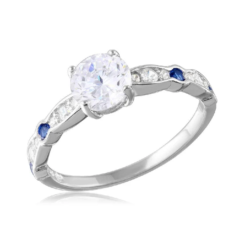 Ladies rings holiday gifts-Silver 925 Rhodium Plated Blue and Clear CZ Ring - BGR01077