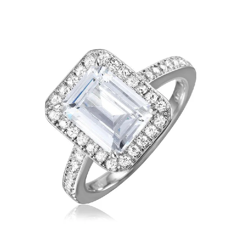 Ladies rings light luxury-Silver 925 Rhodium Plated Emerald Cut Halo Ring - GMR00082