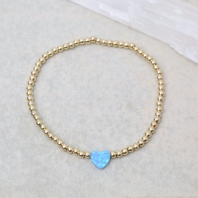 Ladies bracelets online shopping-Blue Opal Heart Gold Filled Ball Bracelet