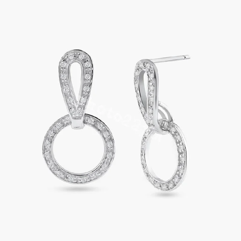 Ladies earrings 2025 trends-Silver 925 Rhodium Plated Two Piece Round Movable CZ Dangling Earrings - STE00099