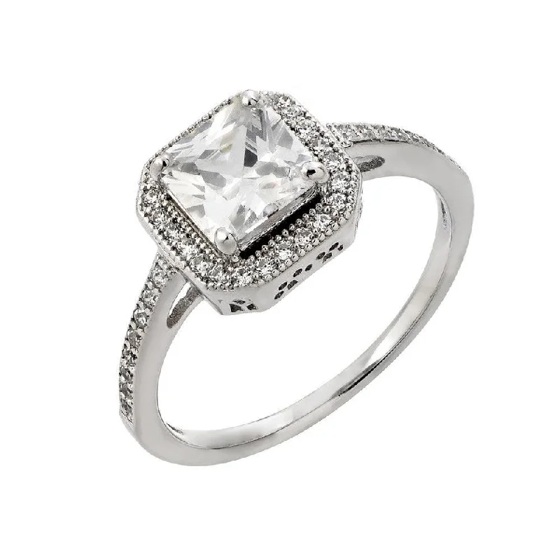 Ladies rings designer labels-Silver 925 Rhodium Plated Clear Cluster Square Cut CZ Bridal Ring - STR00933