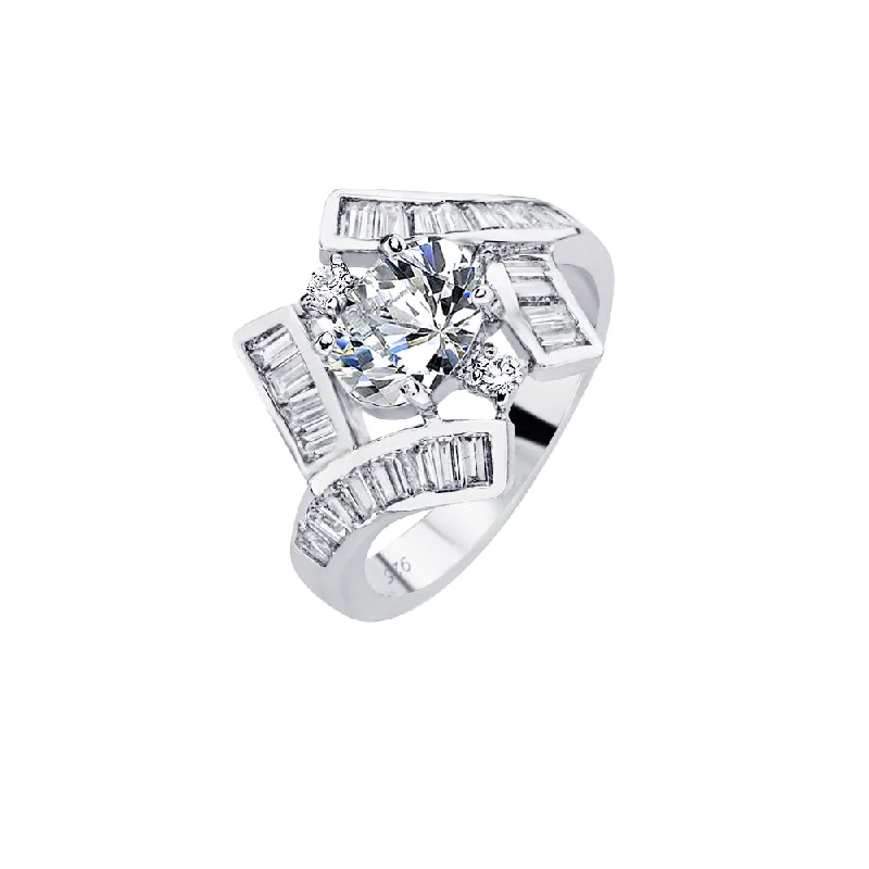 Ladies rings ethnic flair-Silver 925 Rhodium Plated Clear Baguette Round Center CZ Overlap Bridal Ring - BGR00566