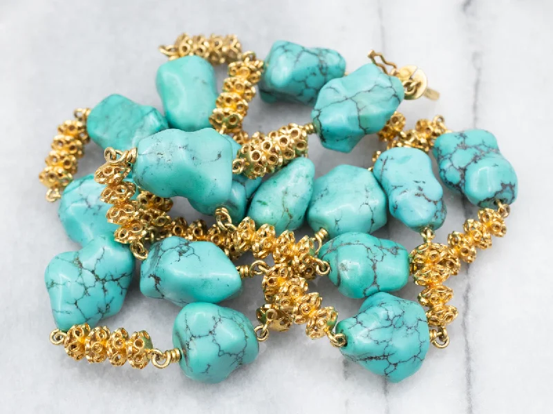 Ladies rings casual vibes-Stunning 18-Karat Gold Turquoise Nugget Beaded Necklace